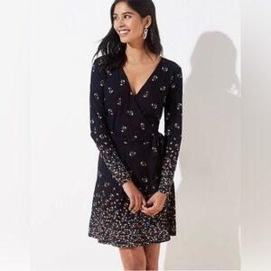 LOFT • Navy Ditsy Floral Faux Wrap Border Print Dress • Long Sleeve • Size L